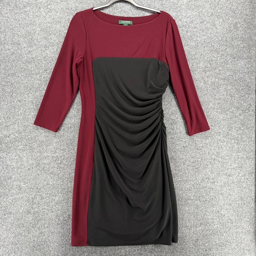 Lauren Ralph Dress Womens 12 Black Ruched Boat Neck Cocktail Formal Old Money
